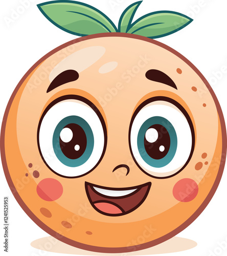 Cute cartoon orange character, smiling face, big round eyes, green leaves on top, anthropomorphic fruit, cheerful expression, peach-colored skin with spots, kawaii style, and simple background