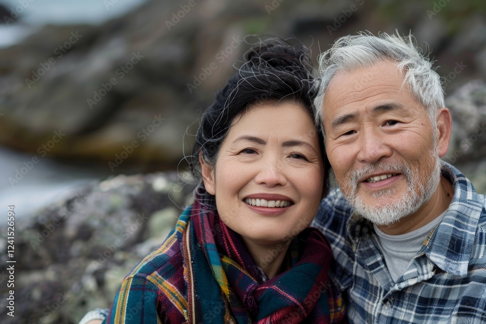 Portrait of a joyful asian couple in their 40s dressed in a relaxed flannel shirt in peaceful tide pool background Portrait of a joyful asian couple in their 40s dressed in a relaxed flannel shirt in peaceful tide pool background
