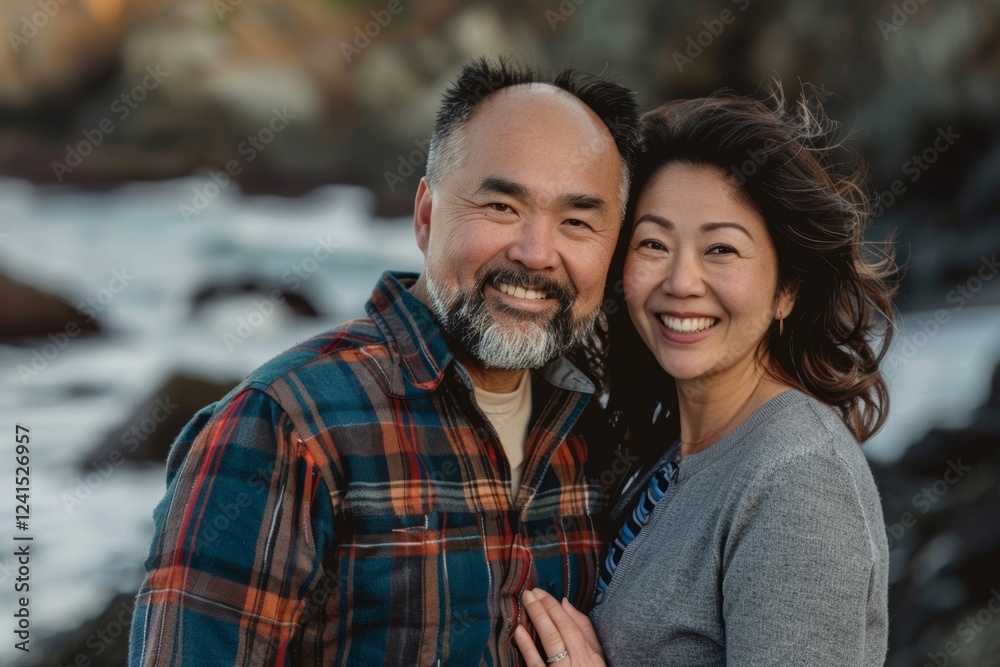 Portrait of a joyful asian couple in their 40s dressed in a relaxed flannel shirt on peaceful tide pool background Portrait of a joyful asian couple in their 40s dressed in a relaxed flannel shirt on peaceful tide pool background