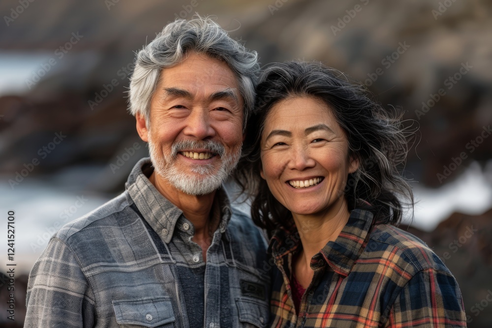 Portrait of a joyful asian couple in their 40s dressed in a relaxed flannel shirt isolated in peaceful tide pool background Portrait of a joyful asian couple in their 40s dressed in a relaxed flannel shirt isolated in peaceful tide pool background
