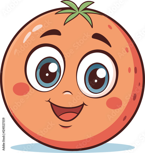 Cute cartoon orange character, smiling face, big expressive eyes, rosy cheeks, small green leaf on top, anthropomorphic fruit, cheerful expression, vector style illustration