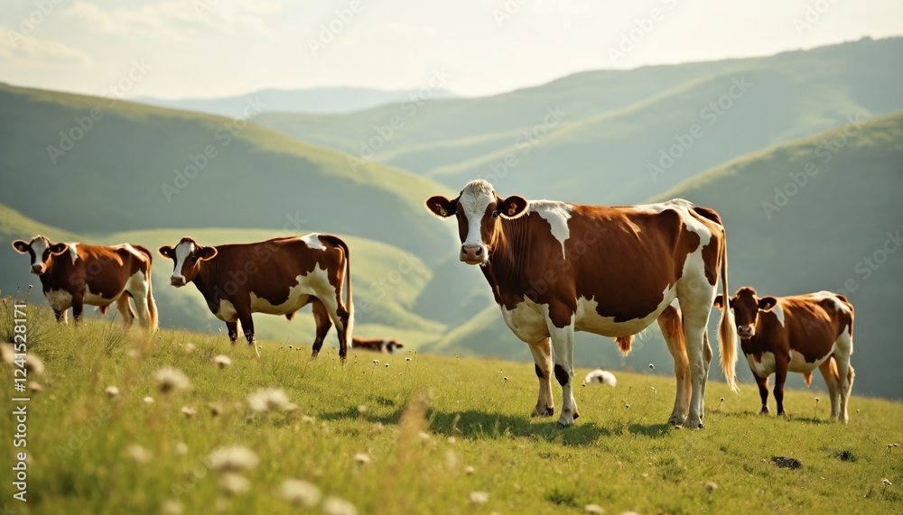 Cows grazing on a green hillside pasture with rolling mountains in the background Cows grazing on a green hillside pasture with rolling mountains in the background