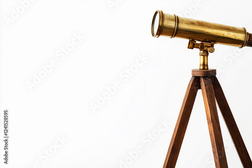 Brass telescope stands on a wooden tripod, enhancing the decor of a stylish interior space. Generative AI photo