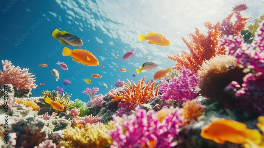 Fototapeta premium Vibrant Coral Reef Surrounded by Colorful Fish in Clear Waters