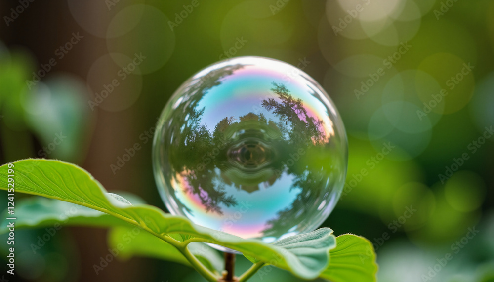 Soap bubble resting on green leaf, reflecting tranquil forest scene