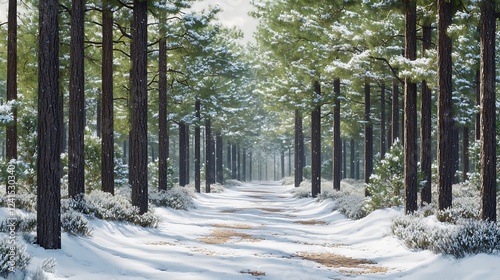 A serene winter scene with a snow-covered forest path, surrounded by tall pine trees with snow resting on their branches