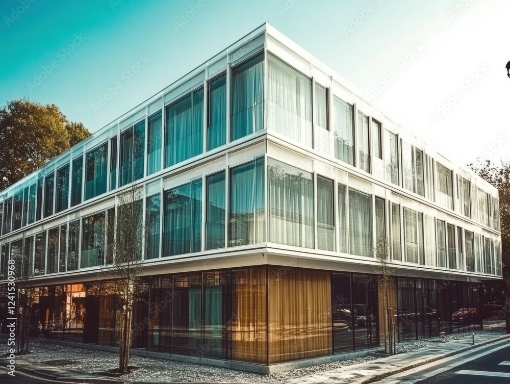 Modern Architectural Design of Glass Building with Wooden Accents Modern Architectural Design of Glass Building with Wooden Accents