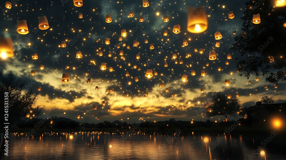 Obraz premium A sky filled with floating paper lanterns, casting a soft golden light over a calm, dark landscape
