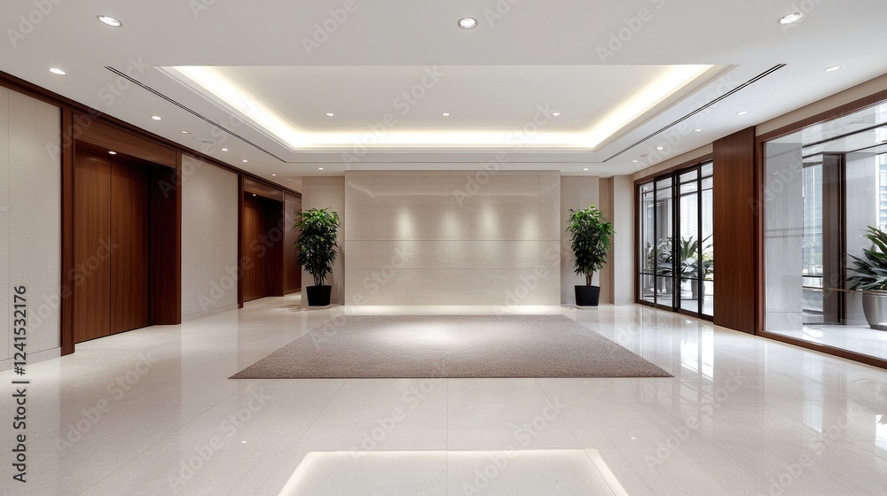 Fototapeta premium Modern lobby interior design, spacious and bright, city view