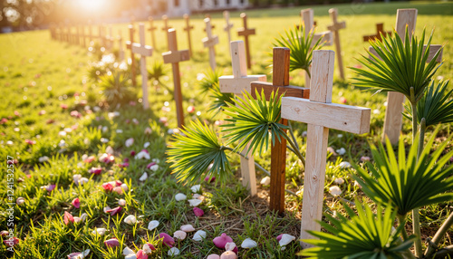 Traditional palm crosses in sunlit outdoor church setting, Palm Sunday photo