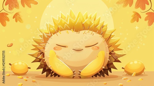 Cute cartoon marang with a sleepy face, yellow background with spikes photo