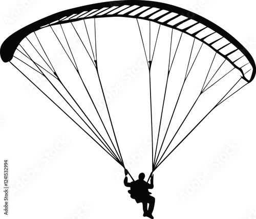 paraglider silhouette black colour with white background. paraglider is flying on a parachute. Strengthens a person