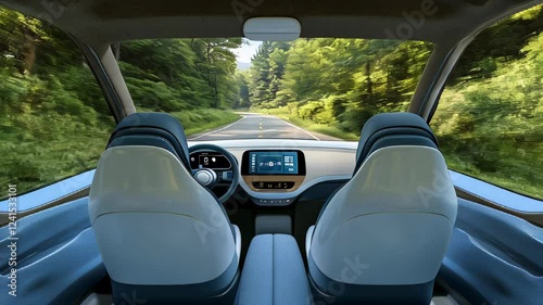 Futuristic self-driving car interior showcasing advanced technology against a scenic road backdrop in a lush green forest photo