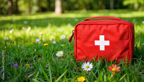 Compact first aid kit on green grass field, outdoor safety awareness
