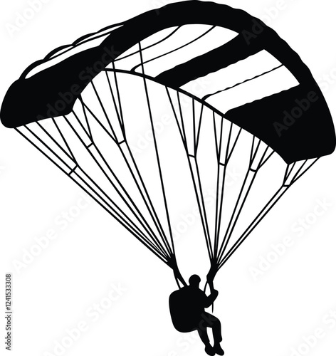 paraglider silhouette black colour with white background. paraglider is flying on a parachute. Strengthens a person