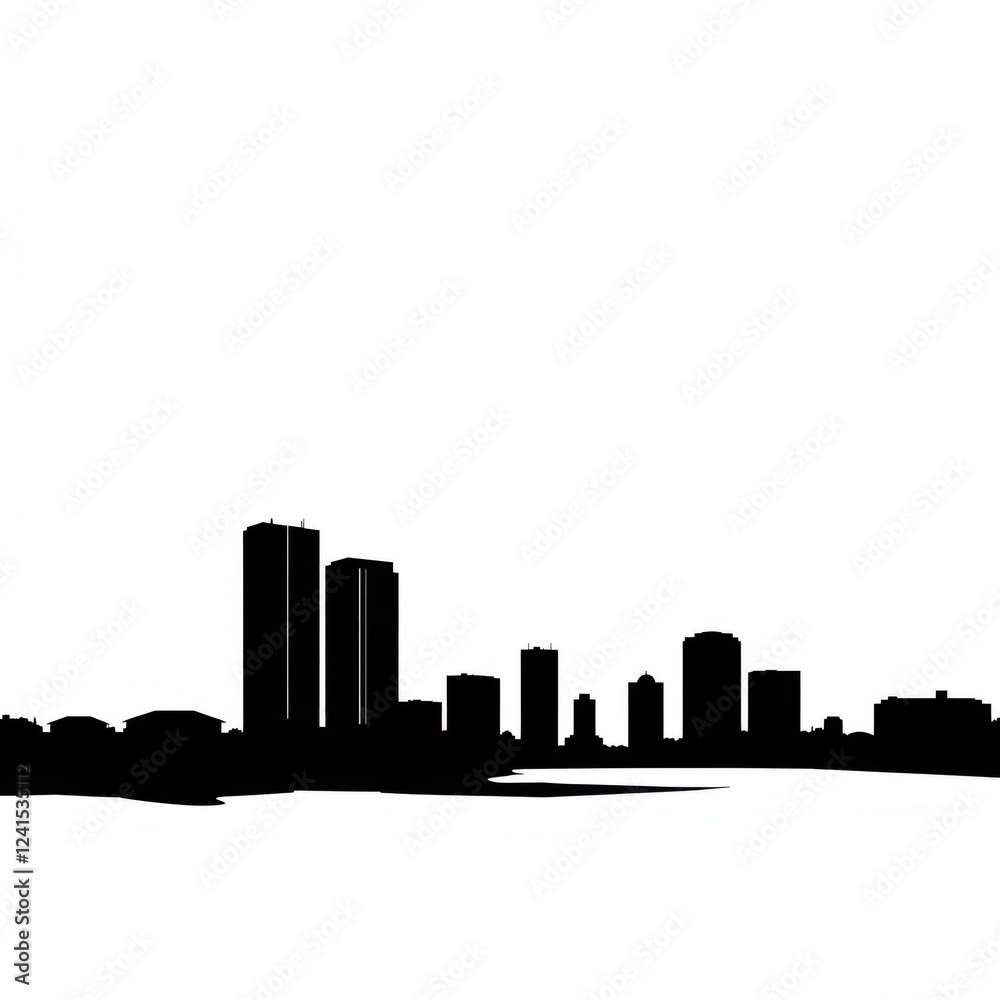 Obraz premium Dense urban skyline silhouettes varying heights black and white flat lay crisp edges silhouetted skyline cityscape architecture illustration building city vector
