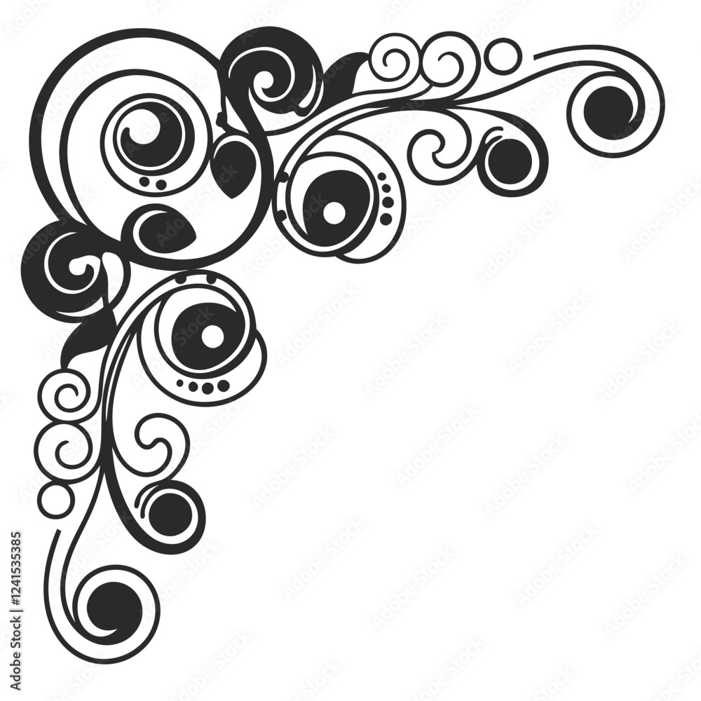 Frame ornament design with swirls and circles, perfect for corner decorations. Elegant vector illustration for invitations, borders, and decorative elements Frame ornament design with swirls and circles, perfect for corner decorations. Elegant vector illustration for invitations, borders, and decorative elements