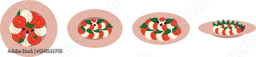 Set of Caprese salad with tomatoes, basil, mozzarella.