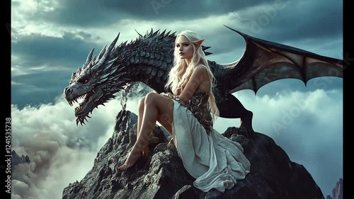 A mystical elf rests beside a fierce dragon on a rocky landscape.