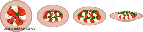Set of Caprese salad with tomatoes, basil, mozzarella.