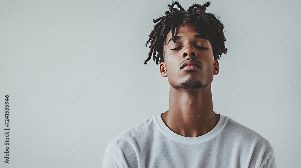 Obraz premium a portrait of a young man looking up with eyes closed and hair on his head 