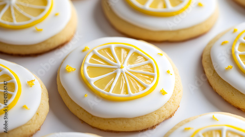 Lemon iced cookies decorated with royal icing and a lemon zest garnish on top.