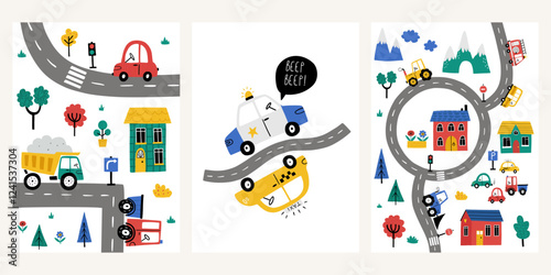 Set of cute cartoon baby boy posters with tractor, police car, taxi, house, excavator in cartoon style. Adorable childish transport, little town map. Print for wall decor in children's bedroom