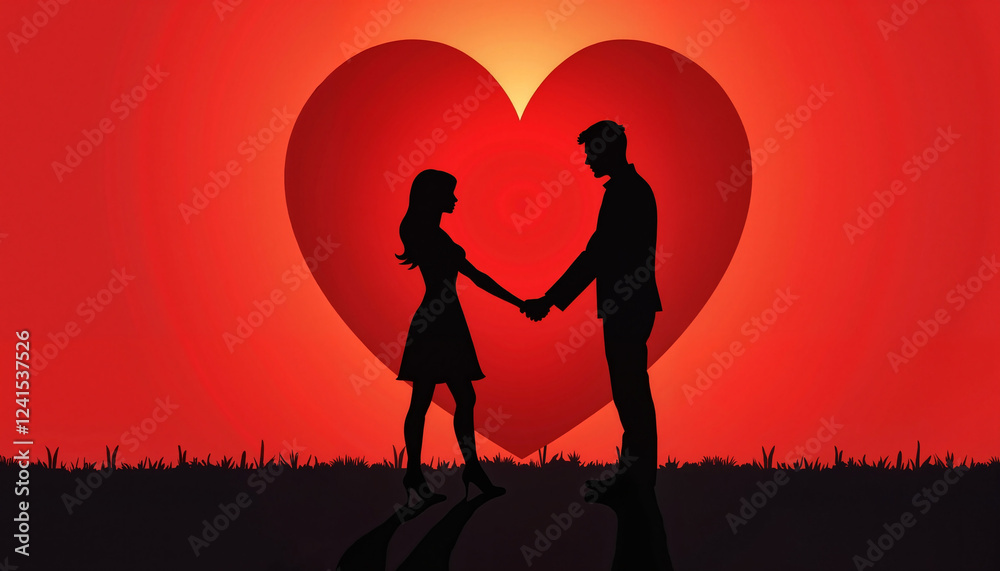 Romantic couple silhouette holding hands with large heart