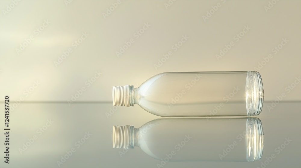 clear biodegradable plastic bottle, resting horizontally, on a reflective glass table clear biodegradable plastic bottle, resting horizontally, on a reflective glass table