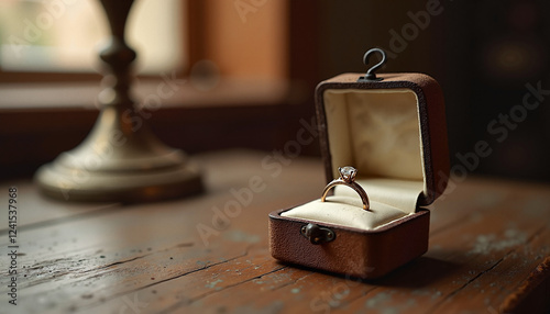 Engagement ring in vintage jewellery box on wooden table