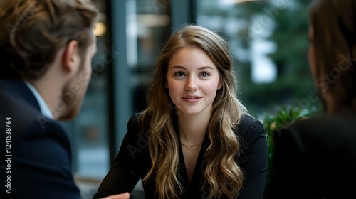 Wallpaper Mural Young professional Caucasian businesswoman with long wavy blonde hair smiling confidently during office meeting with colleagues, wearing black blazer in corporate setting. Torontodigital.ca