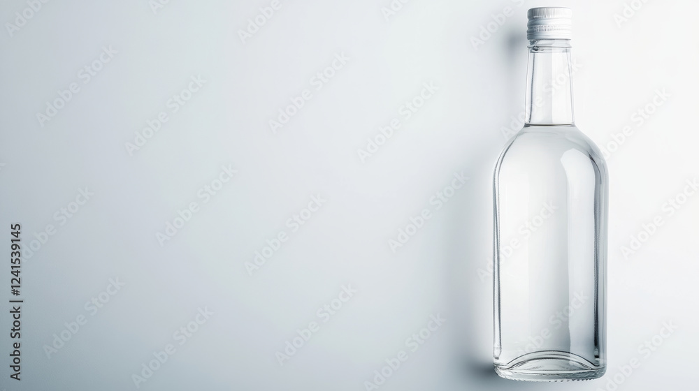 Studio shot of a transparent vodka bottle, dramatically illuminated against a plain white backdrop, highlighting product packaging and concepts of minimalism and refreshment Studio shot of a transparent vodka bottle, dramatically illuminated against a plain white backdrop, highlighting product packaging and concepts of minimalism and refreshment