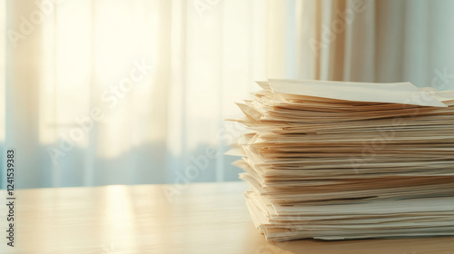 Bright lighting adding emphasis to the sense of disorder in an office setting, with a large stack of returned mail and rejected documents creating a visual representation of workload and backlog
