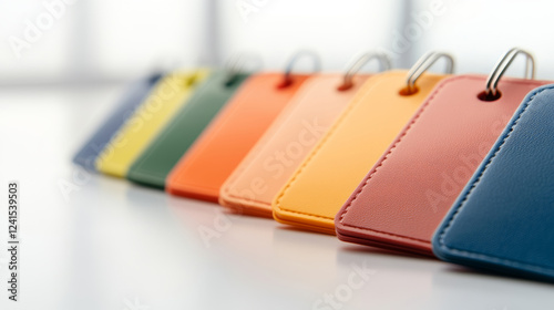 Color coded security badges representing different risk levels are neatly arranged on a white desk, illuminated by natural lighting, emphasizing organization and security protocols photo