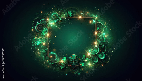 square frame on an emerald background, decorated with sparkling particles, swirls and clover leaves