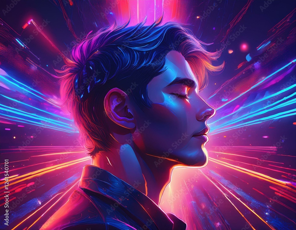 Fototapeta premium Profile of a man with eyes closed, illuminated by vibrant red and blue neon lights and digital light trails 