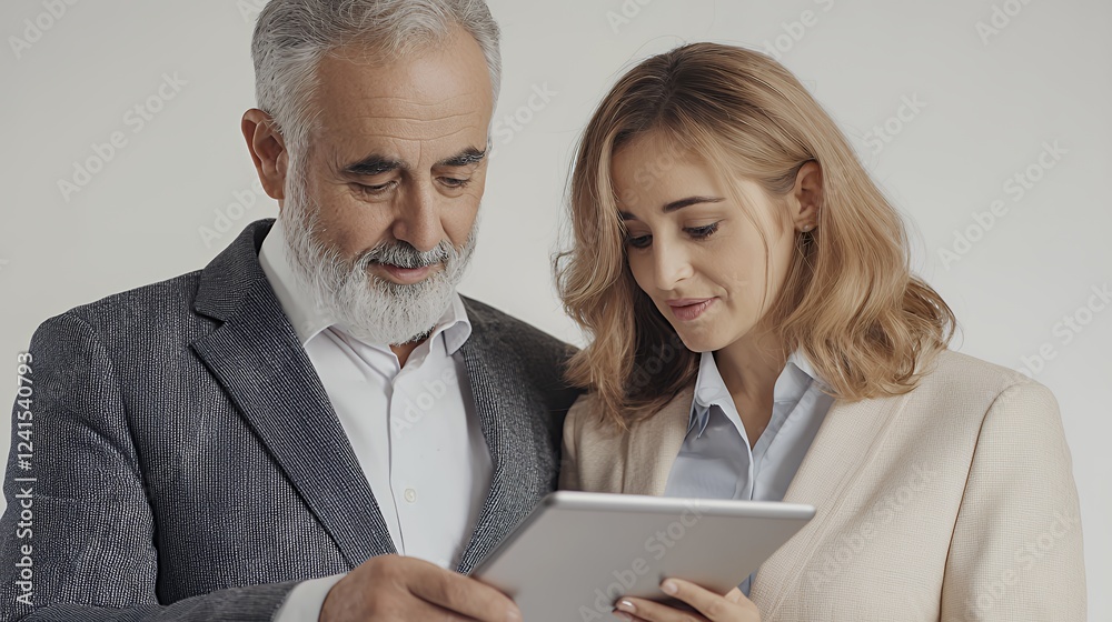 an older man and a woman looking at a tablet an older man and a woman looking at a tablet