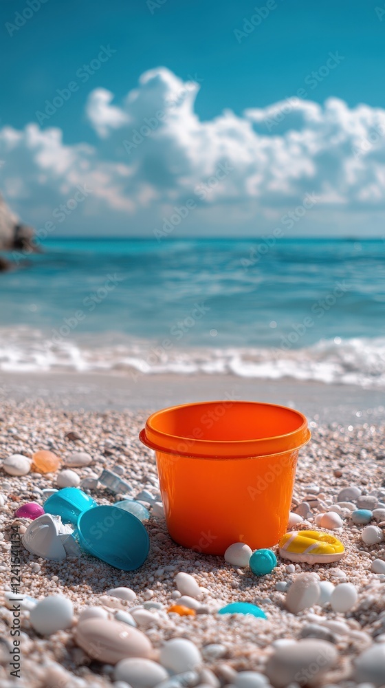 Orange bucket and toys resting on a pebble beach with turquoise sea and white clouds