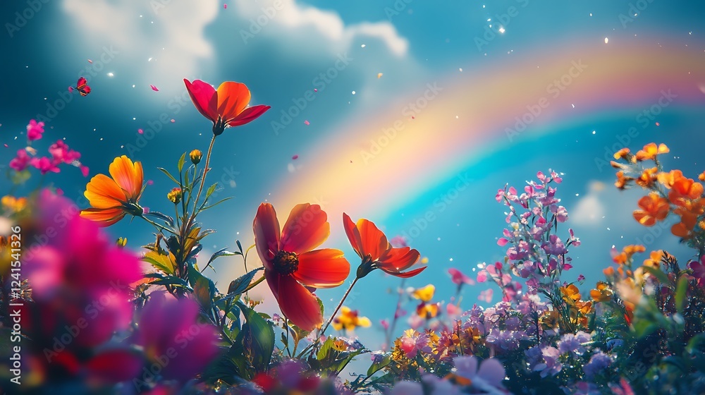 Obraz premium Vibrant Flowers Blooming Against a Blue Sky with a Rainbow