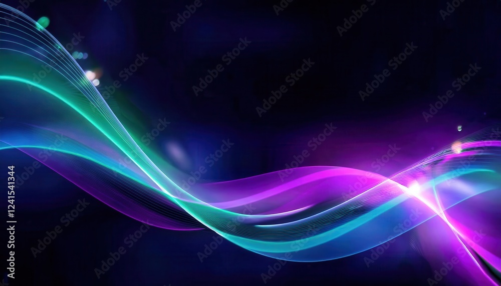 Naklejka premium vibrant neon light wave with dynamic purple and teal streaks on a dark background, perfect for futuristic digital designs