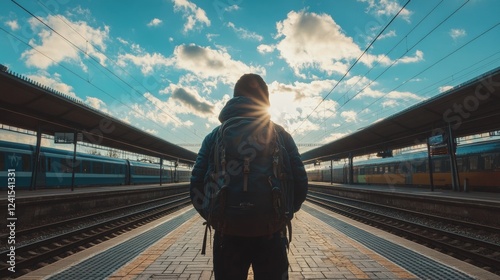 Traveler watching sunrise at train station platform