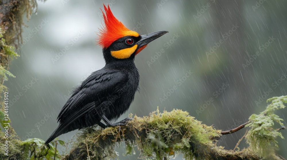Naklejka premium Fiery-crested woodpecker in rainforest, rain