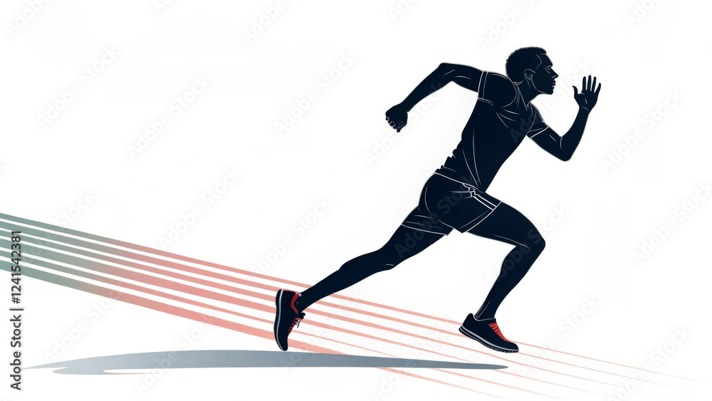 A silhouette of a man is depicted in mid-stride, running energetically with an emphasized sense of movement. Dynamic lines trail behind him, enhancing the feeling of speed and motion.AI A silhouette of a man is depicted in mid-stride, running energetically with an emphasized sense of movement. Dynamic lines trail behind him, enhancing the feeling of speed and motion.AI