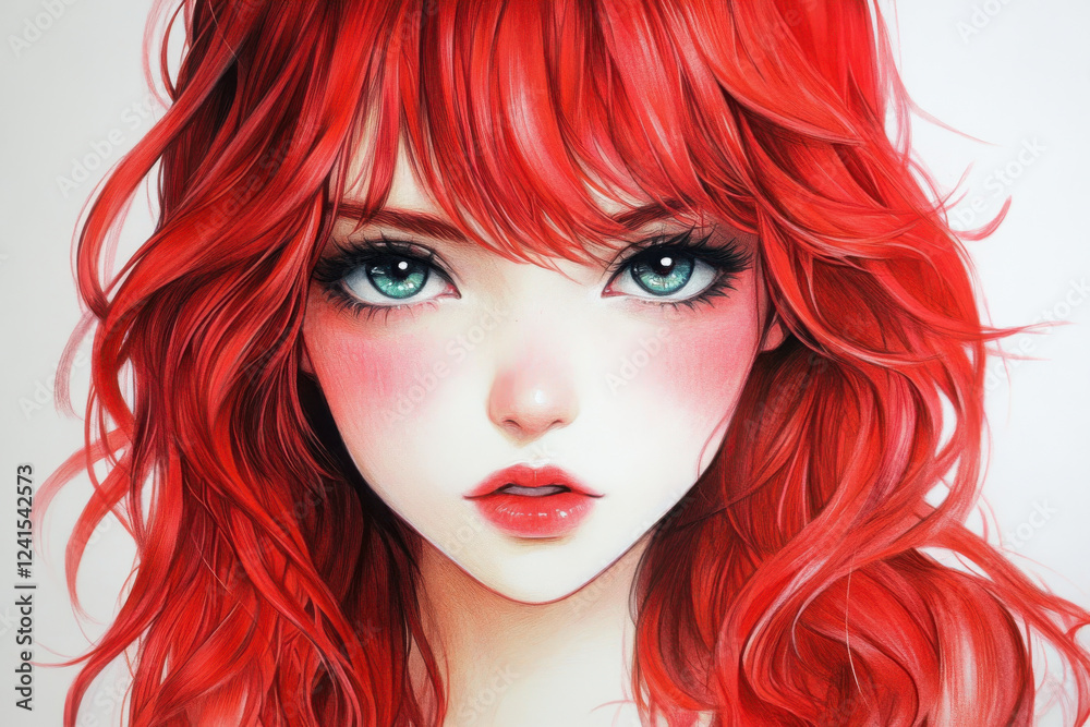 Fototapeta premium Gorgeous portrait of a young woman featuring vibrant red hair, captivating green eyes, and flawless skin, a modern beauty icon