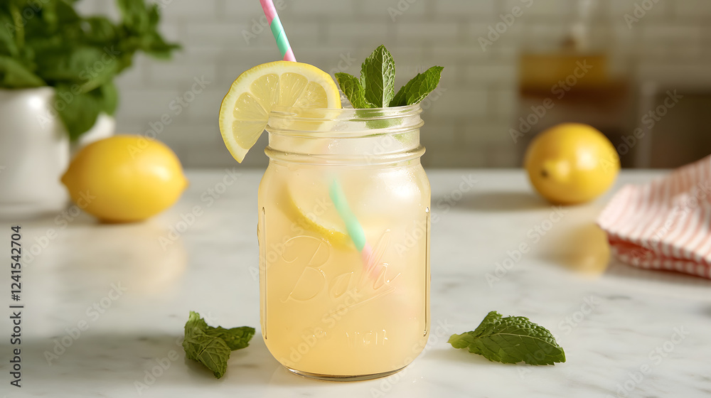 Fototapeta premium Lemonade served in a mason jar with lemon slices, mint leaves, and a colorful straw.