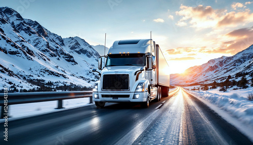 A white semi-truck drives on a snowy highway at sunset, showcasing strength and reliability. photo