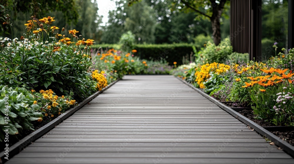 Obraz premium Lush riverbank garden a tranquil landscape of trees and flowers