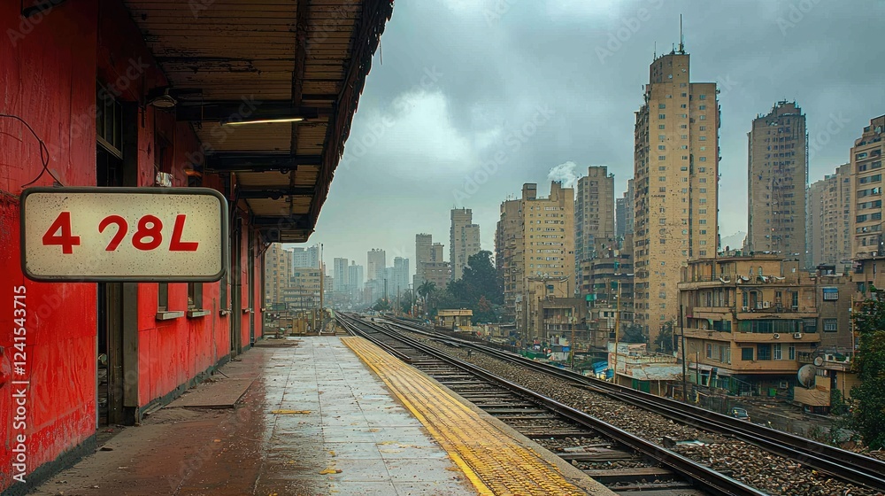 Naklejka premium Desolate Train Platform Urban Skyline View