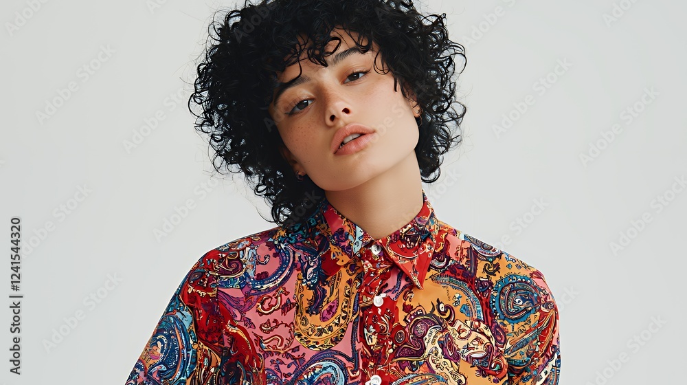 a model wearing a blouse with colorful patterns on her hair a model wearing a blouse with colorful patterns on her hair