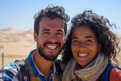 Portrait of a smiling mixed race couple in their 30s sporting a breathable hiking shirt over serene dune landscape background photo